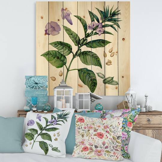 Designart - Purple Sesame Flowers WIth Green Leaves